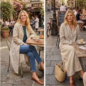 Uniqlo Women's Tan Beige Natural Long Linen Blend Duster Trench Jacket Coat